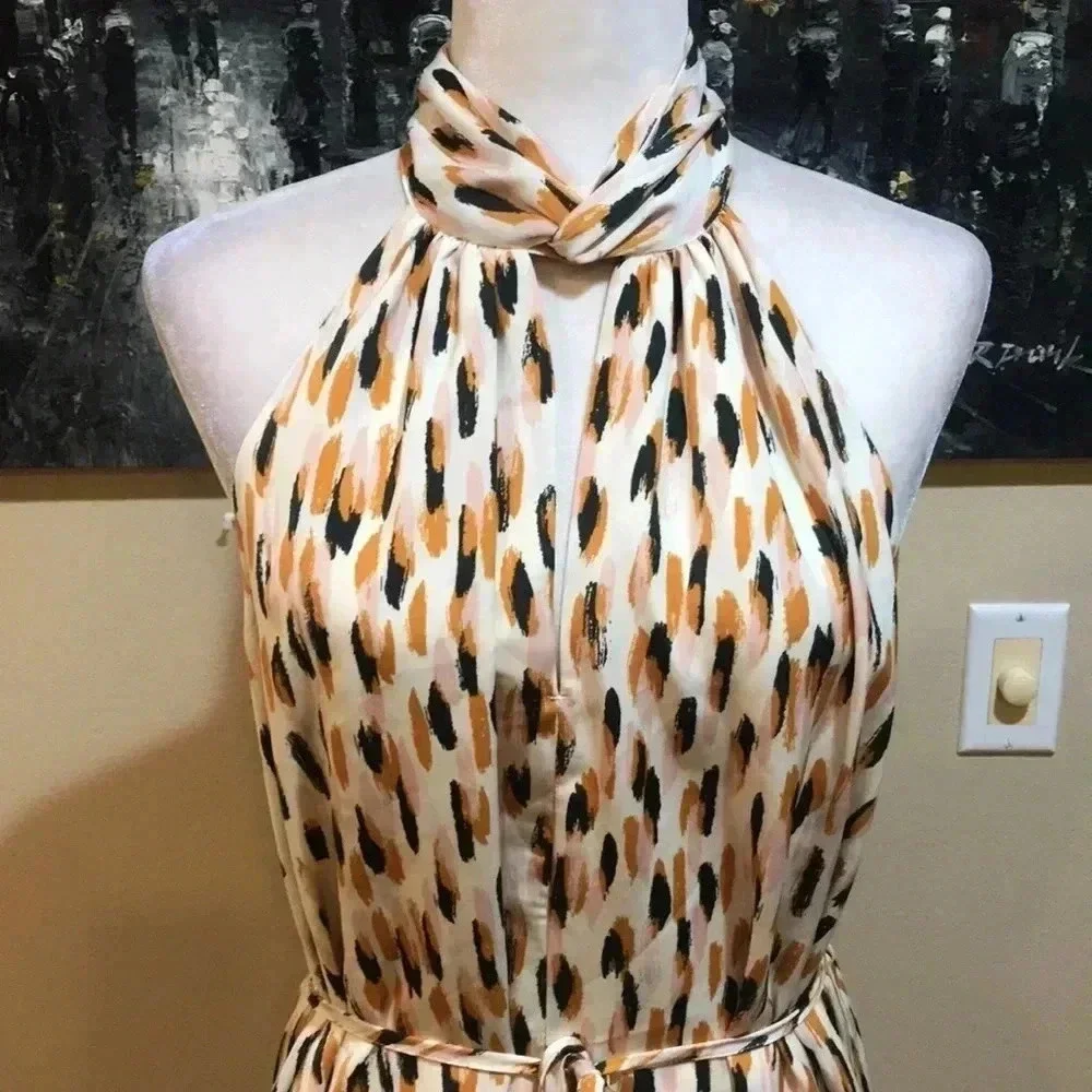 Banana Republic Twist Neck Halter Styling Midi Silk Look Fit and Flare Dress-MP